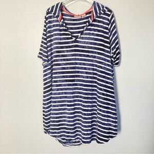 Antibes Blanc Hooded Tunic Jersey Knit Beach Lounge Coverup Plus 2X Comfy Stripe